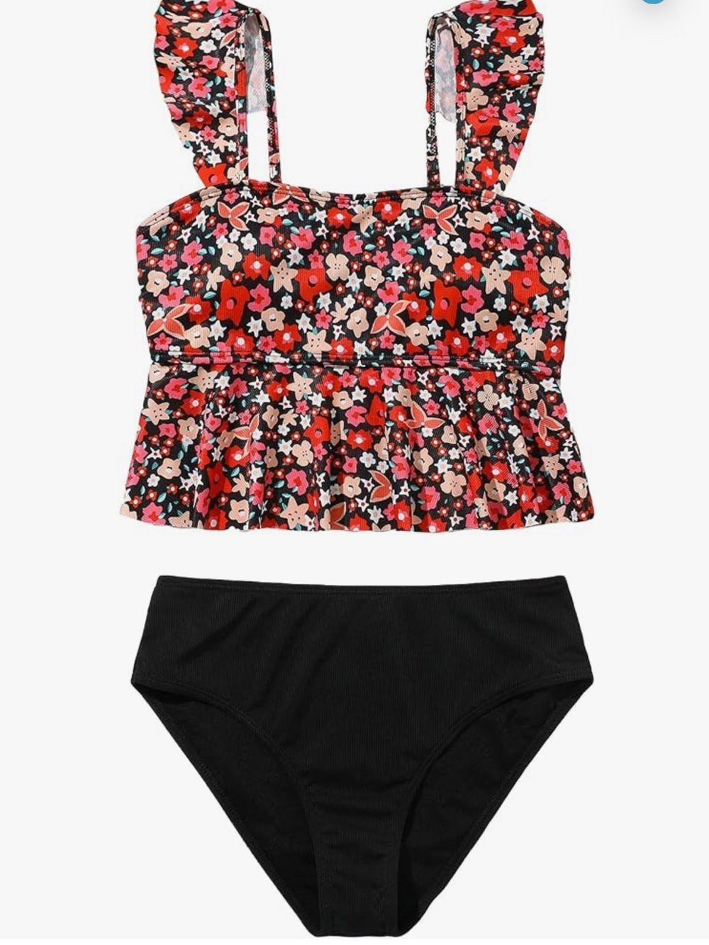 SOLY HUX Girl's Floral Print Ruffle Trim 2 Piece Bathing Suit Black Floral 14Y